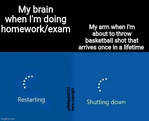 Restarting | My brain when I'm doing homework/exam; My arm when I'm about to throw basketball shot that arrives once in a lifetime; u/KMSyahid123
Haha copyright | image tagged in restarting | made w/ Imgflip meme maker