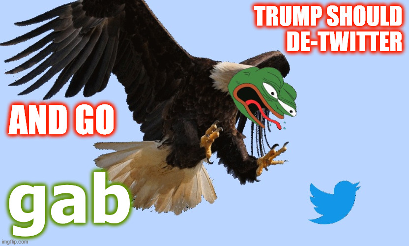Trump must detwitter | TRUMP SHOULD
DE-TWITTER; AND GO; gab | image tagged in gab vs twitter | made w/ Imgflip meme maker