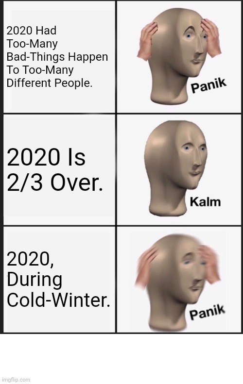2020 Is Almost Over. | 2020 Had Too-Many Bad-Things Happen To Too-Many Different People. 2020 Is 2/3 Over. 2020, During Cold-Winter. | image tagged in memes,panik kalm panik,2020,2020 sucks | made w/ Imgflip meme maker