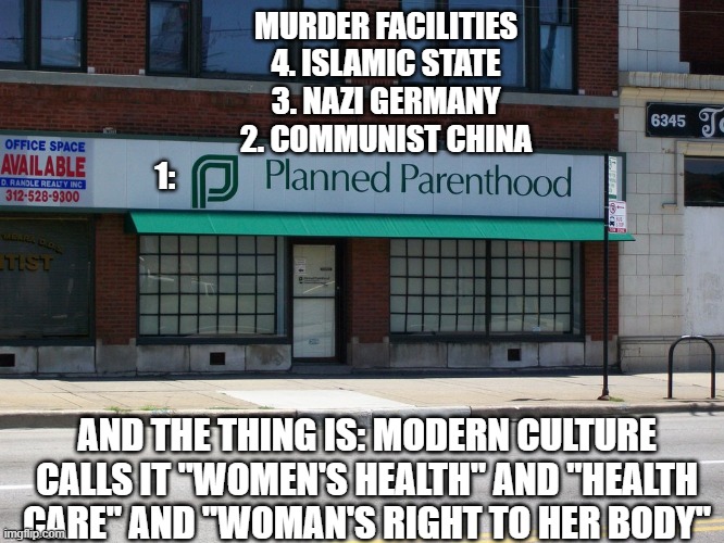 Women's health. Health care. Woman's rights to her body. | MURDER FACILITIES
4. ISLAMIC STATE
3. NAZI GERMANY
2. COMMUNIST CHINA


1:; AND THE THING IS: MODERN CULTURE CALLS IT "WOMEN'S HEALTH" AND "HEALTH CARE" AND "WOMAN'S RIGHT TO HER BODY" | image tagged in planned parenthood,nazi,communism,islamic state,abortion is murder,women's rights | made w/ Imgflip meme maker