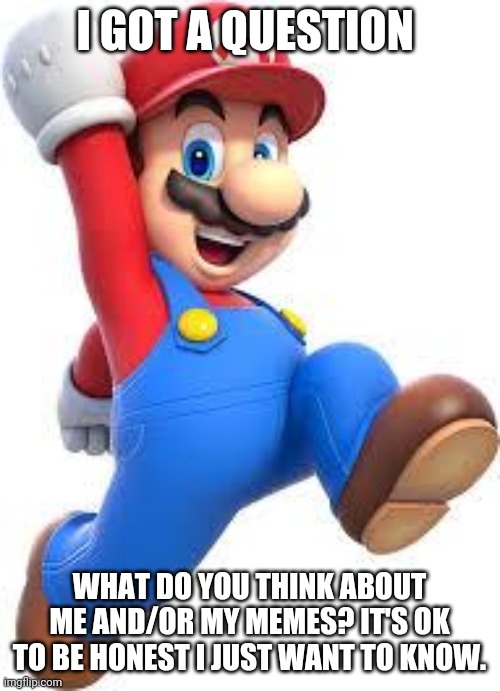 mario | I GOT A QUESTION; WHAT DO YOU THINK ABOUT ME AND/OR MY MEMES? IT'S OK TO BE HONEST I JUST WANT TO KNOW. | image tagged in mario,memes | made w/ Imgflip meme maker