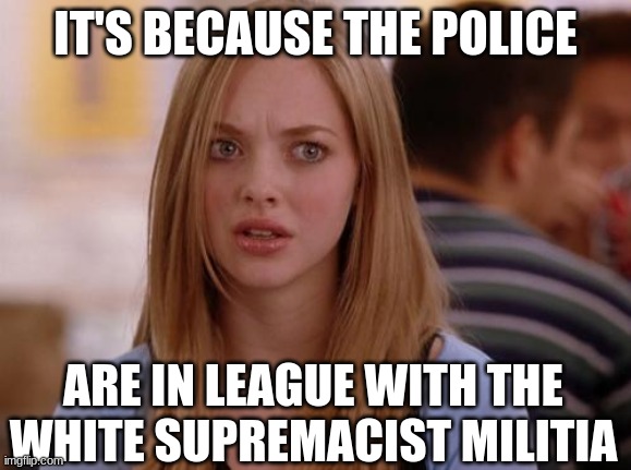 OMG Karen Meme | IT'S BECAUSE THE POLICE ARE IN LEAGUE WITH THE WHITE SUPREMACIST MILITIA | image tagged in memes,omg karen | made w/ Imgflip meme maker