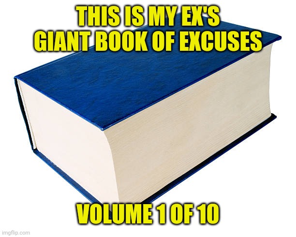 Ex's big book of excuses | THIS IS MY EX'S GIANT BOOK OF EXCUSES; VOLUME 1 OF 10 | image tagged in ex,crazy,funny,memes,funny memes,meme | made w/ Imgflip meme maker