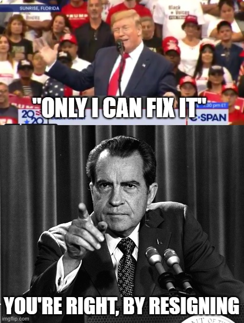 "ONLY I CAN FIX IT" YOU'RE RIGHT, BY RESIGNING | image tagged in nixon,trump lie rally | made w/ Imgflip meme maker