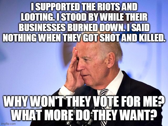 corn pop? | I SUPPORTED THE RIOTS AND LOOTING. I STOOD BY WHILE THEIR BUSINESSES BURNED DOWN. I SAID NOTHING WHEN THEY GOT SHOT AND KILLED. WHY WON'T THEY VOTE FOR ME?
WHAT MORE DO THEY WANT? | image tagged in corn pop | made w/ Imgflip meme maker