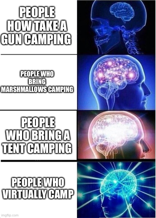 Expanding Brain | PEOPLE HOW TAKE A GUN CAMPING; PEOPLE WHO BRING MARSHMALLOWS CAMPING; PEOPLE WHO BRING A TENT CAMPING; PEOPLE WHO VIRTUALLY CAMP | image tagged in memes,expanding brain | made w/ Imgflip meme maker