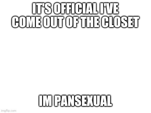 Blank White Template | IT'S OFFICIAL I'VE COME OUT OF THE CLOSET; IM PANSEXUAL | image tagged in blank white template | made w/ Imgflip meme maker
