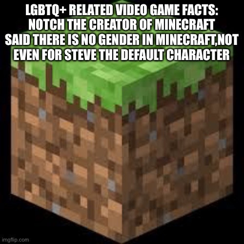 So I just found out about this and it made me happy so I wanted to share! | LGBTQ+ RELATED VIDEO GAME FACTS: NOTCH THE CREATOR OF MINECRAFT SAID THERE IS NO GENDER IN MINECRAFT,NOT EVEN FOR STEVE THE DEFAULT CHARACTER | image tagged in minecraft block | made w/ Imgflip meme maker