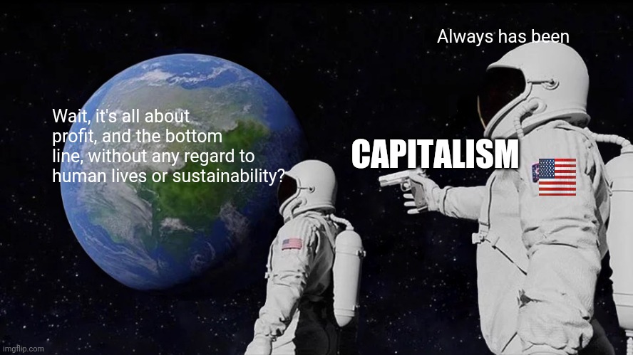 Capitalism is evil | Always has been; Wait, it's all about profit, and the bottom line, without any regard to human lives or sustainability? CAPITALISM | image tagged in always has been,america sucks,capitalism | made w/ Imgflip meme maker