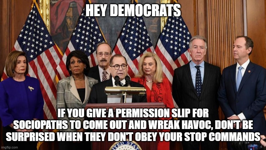 House Democrats | HEY DEMOCRATS; IF YOU GIVE A PERMISSION SLIP FOR SOCIOPATHS TO COME OUT AND WREAK HAVOC, DON'T BE SURPRISED WHEN THEY DON'T OBEY YOUR STOP COMMANDS | image tagged in house democrats | made w/ Imgflip meme maker