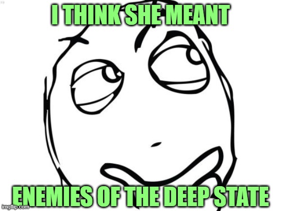 Question Rage Face Meme | I THINK SHE MEANT ENEMIES OF THE DEEP STATE | image tagged in memes,question rage face | made w/ Imgflip meme maker