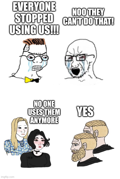EVERYONE STOPPED USING US!!! NOO THEY CAN’T DO THAT! YES; NO ONE USES THEM ANYMORE | image tagged in girls vs boys,nooo haha go brrr,noooo you can't just,yes | made w/ Imgflip meme maker