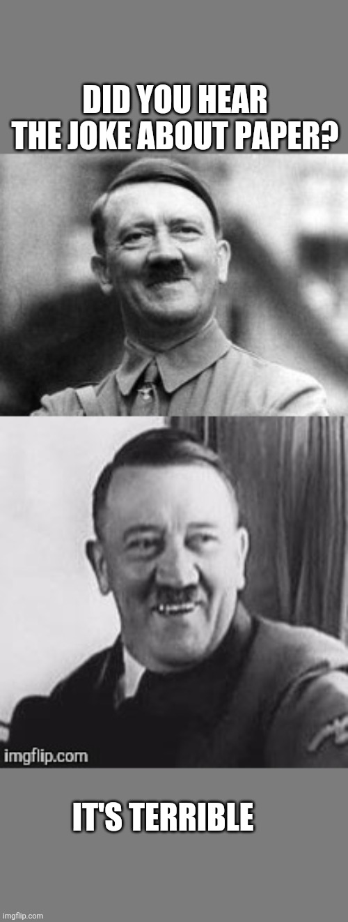 Bad Pun Hitler  | DID YOU HEAR THE JOKE ABOUT PAPER? IT'S TERRIBLE | image tagged in bad pun hitler | made w/ Imgflip meme maker