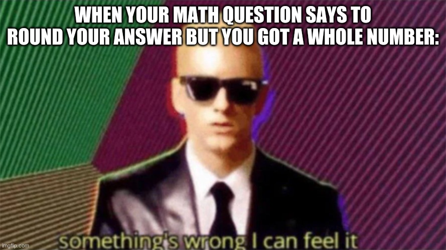 ;-; mAth | WHEN YOUR MATH QUESTION SAYS TO ROUND YOUR ANSWER BUT YOU GOT A WHOLE NUMBER: | image tagged in something's wrong i can feel it,math,im in danger | made w/ Imgflip meme maker