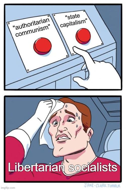 So which is it? | "state capitalism"; "authoritarian communism"; Libertarian socialists | image tagged in memes,two buttons,communism,anarchism,anarchy,leftists | made w/ Imgflip meme maker
