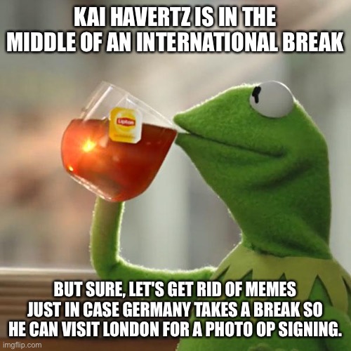 But That's None Of My Business Meme | KAI HAVERTZ IS IN THE MIDDLE OF AN INTERNATIONAL BREAK; BUT SURE, LET'S GET RID OF MEMES JUST IN CASE GERMANY TAKES A BREAK SO HE CAN VISIT LONDON FOR A PHOTO OP SIGNING. | image tagged in memes,but that's none of my business,kermit the frog | made w/ Imgflip meme maker