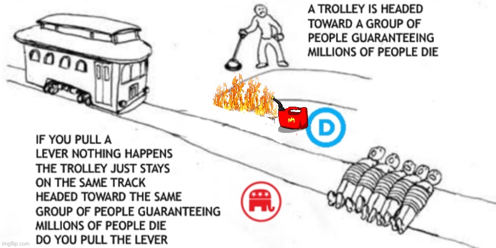 Trolley problem. Nothing happens. Democrats and Republicans are both evil. | image tagged in trolley problem,democrats,republicans,liberals,conservatives,capitalism | made w/ Imgflip meme maker