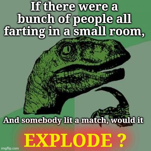 PULL MY FINGER | If there were a bunch of people all farting in a small room, And somebody lit a match, would it; EXPLODE ? | image tagged in memes,philosoraptor,pull my finger,farts,supersecretleader,explode | made w/ Imgflip meme maker