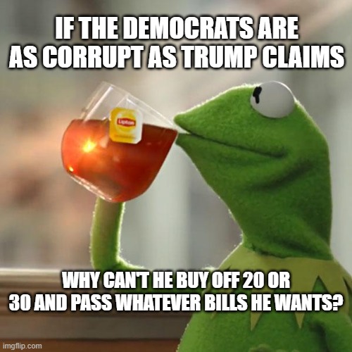 But That's None Of My Business Meme | IF THE DEMOCRATS ARE AS CORRUPT AS TRUMP CLAIMS; WHY CAN'T HE BUY OFF 20 OR 30 AND PASS WHATEVER BILLS HE WANTS? | image tagged in memes,but that's none of my business,kermit the frog | made w/ Imgflip meme maker