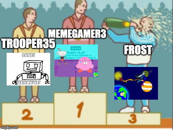 The standings of the contest | MEMEGAMER3; TROOPER35; FROST | made w/ Imgflip meme maker