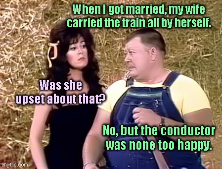 On Junior's wedding day | When I got married, my wife carried the train all by herself. Was she upset about that? No, but the conductor was none too happy. | image tagged in hee haw's junior samples and lisa todd,hee haw,train,joke | made w/ Imgflip meme maker