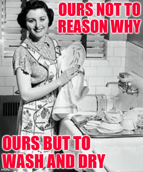 Charge of the Dishwasher | OURS NOT TO
REASON WHY; OURS BUT TO WASH AND DRY | image tagged in washing dishes,vintage,housewife,quotes,poems,funny memes | made w/ Imgflip meme maker