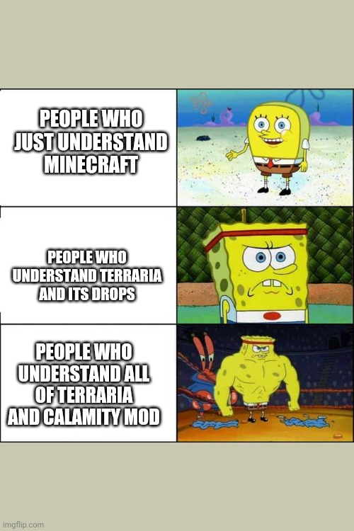 Spongebob strong | PEOPLE WHO JUST UNDERSTAND MINECRAFT; PEOPLE WHO UNDERSTAND TERRARIA AND ITS DROPS; PEOPLE WHO UNDERSTAND ALL OF TERRARIA AND CALAMITY MOD | image tagged in spongebob strong | made w/ Imgflip meme maker