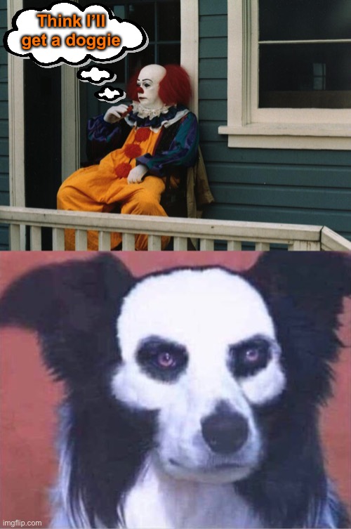 Think I’ll get a doggie | image tagged in pennywise sitting on porch,doggie,memes,funny | made w/ Imgflip meme maker