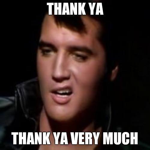 Elvis, thank you | THANK YA THANK YA VERY MUCH | image tagged in elvis thank you | made w/ Imgflip meme maker