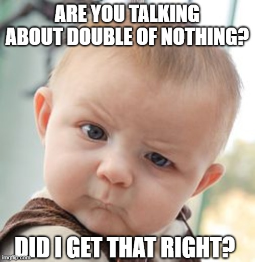 Skeptical Baby Meme | ARE YOU TALKING ABOUT DOUBLE OF NOTHING? DID I GET THAT RIGHT? | image tagged in memes,skeptical baby | made w/ Imgflip meme maker