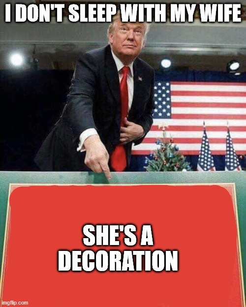 Trump points at sign | I DON'T SLEEP WITH MY WIFE; SHE'S A DECORATION | image tagged in trump points at sign | made w/ Imgflip meme maker