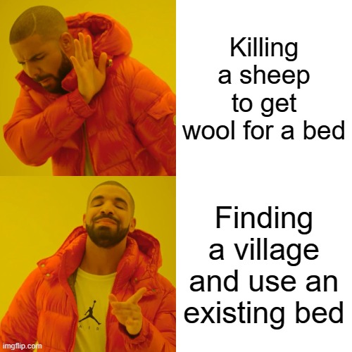 Stop killing sheeps in Minecraft | Killing a sheep to get wool for a bed; Finding a village and use an existing bed | image tagged in memes,drake hotline bling | made w/ Imgflip meme maker