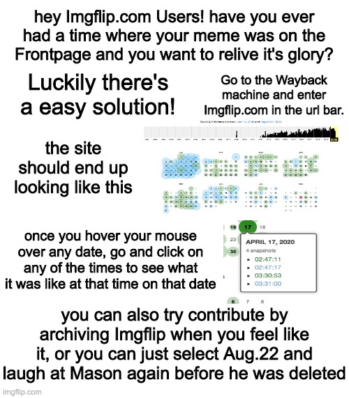 The Internet is a great place, huh? | hey Imgflip.com Users! have you ever had a time where your meme was on the Frontpage and you want to relive it's glory? Luckily there's a easy solution! Go to the Wayback machine and enter Imgflip.com in the url bar. the site should end up looking like this; once you hover your mouse over any date, go and click on any of the times to see what it was like at that time on that date; you can also try contribute by archiving Imgflip when you feel like it, or you can just select Aug.22 and laugh at Mason again before he was deleted | image tagged in wayback machine,imgflip | made w/ Imgflip meme maker
