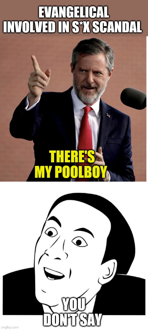 Surprise suprise | EVANGELICAL INVOLVED IN S*X SCANDAL; THERE'S MY POOLBOY; YOU DON'T SAY | image tagged in you don't say,jerry falwell jr,memes | made w/ Imgflip meme maker