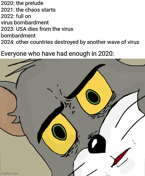 X__X | 2020: the prelude
2021: the chaos starts
2022: full on virus bombardment 
2023: USA dies from the virus bombardment
2024: other countries destroyed by another wave of virus; Everyone who have had enough in 2020: | image tagged in memes,unsettled tom | made w/ Imgflip meme maker