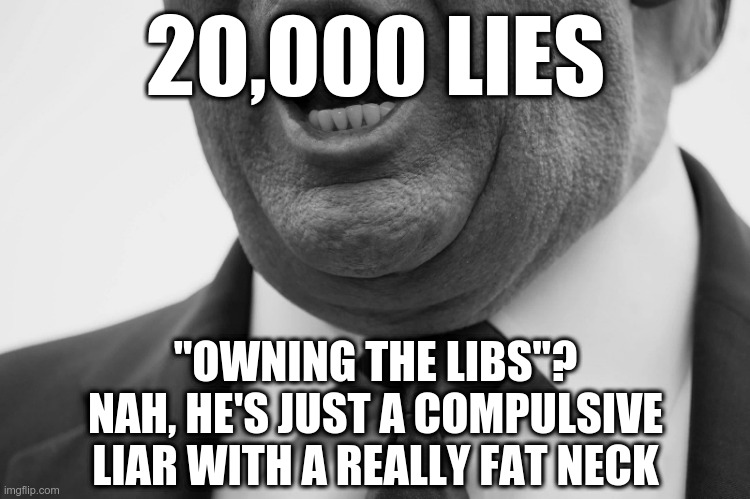 20,000 Lies | 20,000 LIES; "OWNING THE LIBS"?
NAH, HE'S JUST A COMPULSIVE
LIAR WITH A REALLY FAT NECK | image tagged in trump,fat neck,20000 lies | made w/ Imgflip meme maker