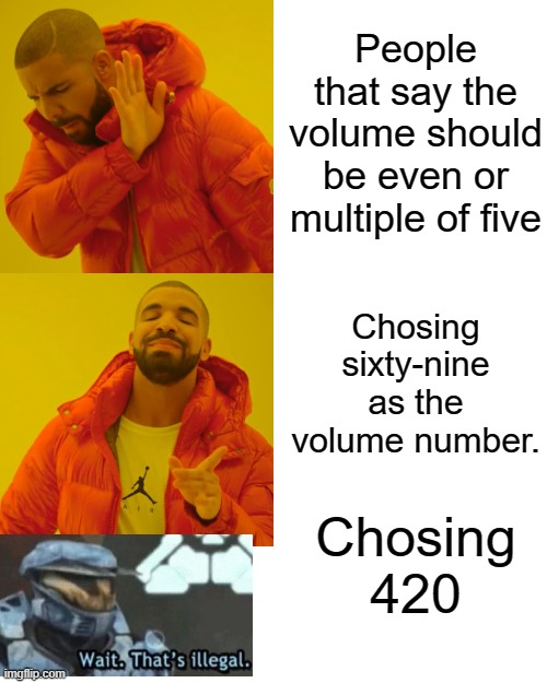 Drake Hotline Bling | People that say the volume should be even or multiple of five; Chosing sixty-nine as the volume number. Chosing 420 | image tagged in memes,drake hotline bling | made w/ Imgflip meme maker