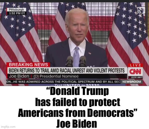 Biden blames Trump for violent democrats | “Donald Trump has failed to protect Americans from Democrats”
Joe Biden | image tagged in biden,trump,politics,protest,cnn | made w/ Imgflip meme maker