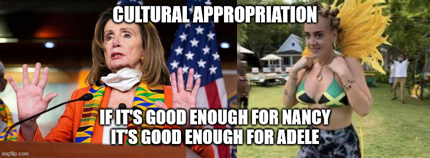 politcs | CULTURAL APPROPRIATION; IF IT'S GOOD ENOUGH FOR NANCY
IT'S GOOD ENOUGH FOR ADELE | image tagged in political meme | made w/ Imgflip meme maker