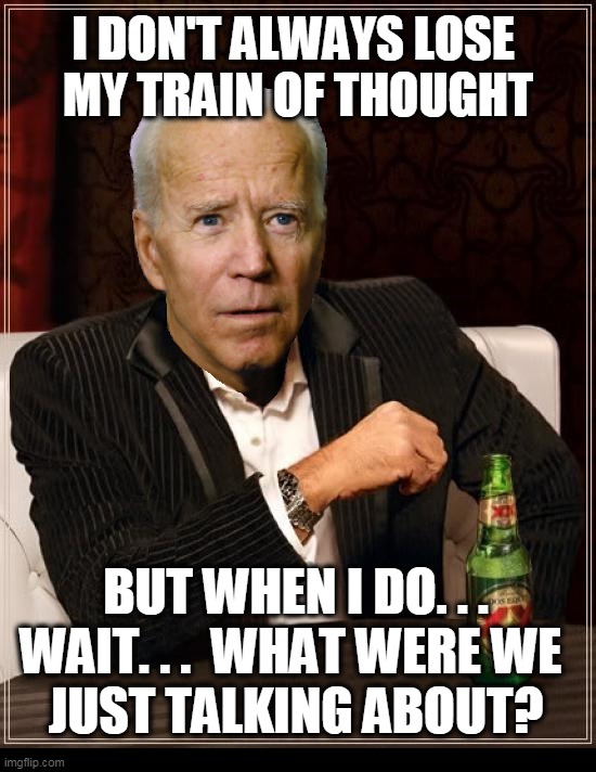 The Most Forgetful Man In The World | I DON'T ALWAYS LOSE 
MY TRAIN OF THOUGHT; BUT WHEN I DO. . .
WAIT. . .  WHAT WERE WE 
JUST TALKING ABOUT? | image tagged in biden,joe biden,trump,donald trump,funny,politics | made w/ Imgflip meme maker