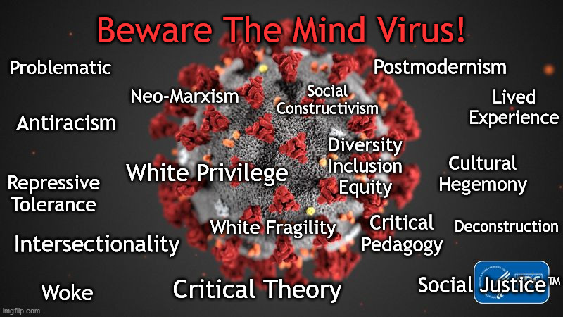 Social Justice Ideology | Beware The Mind Virus! Postmodernism; Problematic; Social Constructivism; Neo-Marxism; Antiracism; Lived Experience; Diversity
Inclusion
Equity; White Privilege; Cultural
Hegemony; Repressive Tolerance; Deconstruction; White Fragility; Critical Pedagogy; Intersectionality; Social Justice™; Critical Theory; Woke | image tagged in political memes,social justice,white privilege,cultural marxism,diversity,woke | made w/ Imgflip meme maker