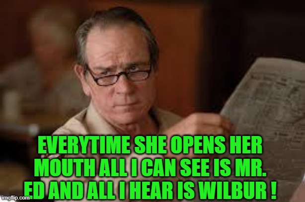 no country for old men tommy lee jones | EVERYTIME SHE OPENS HER MOUTH ALL I CAN SEE IS MR. ED AND ALL I HEAR IS WILBUR ! | image tagged in no country for old men tommy lee jones | made w/ Imgflip meme maker