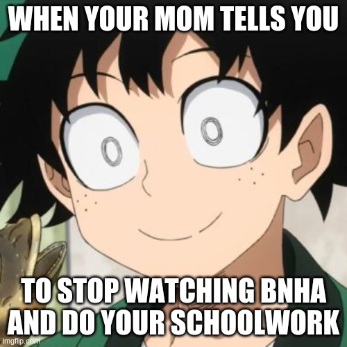 Triggered Deku | WHEN YOUR MOM TELLS YOU; TO STOP WATCHING BNHA AND DO YOUR SCHOOLWORK | image tagged in triggered deku | made w/ Imgflip meme maker