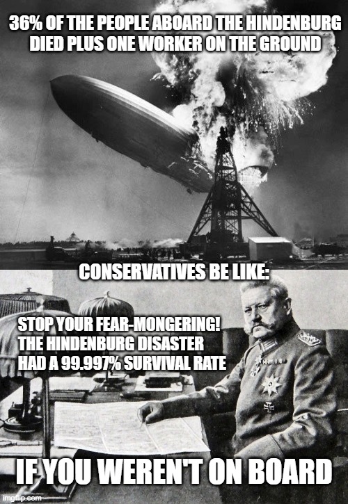 It's difficult not to despair after encountering many who argue a similar position hard | 36% OF THE PEOPLE ABOARD THE HINDENBURG
DIED PLUS ONE WORKER ON THE GROUND; CONSERVATIVES BE LIKE:; STOP YOUR FEAR-MONGERING!
THE HINDENBURG DISASTER
HAD A 99.997% SURVIVAL RATE; IF YOU WEREN'T ON BOARD | image tagged in hindenburg,memes,survival rate,covid-19,bad math | made w/ Imgflip meme maker