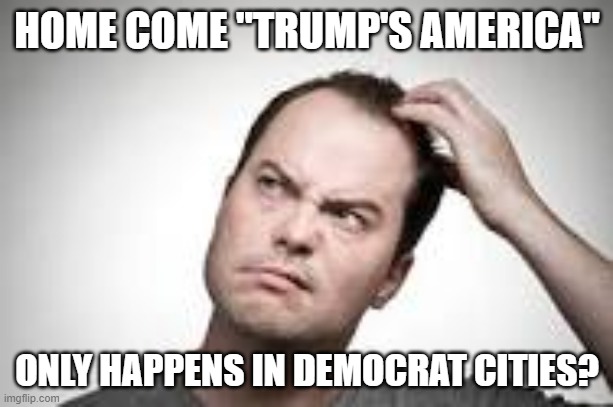 Man scratching head | HOME COME "TRUMP'S AMERICA" ONLY HAPPENS IN DEMOCRAT CITIES? | image tagged in man scratching head | made w/ Imgflip meme maker