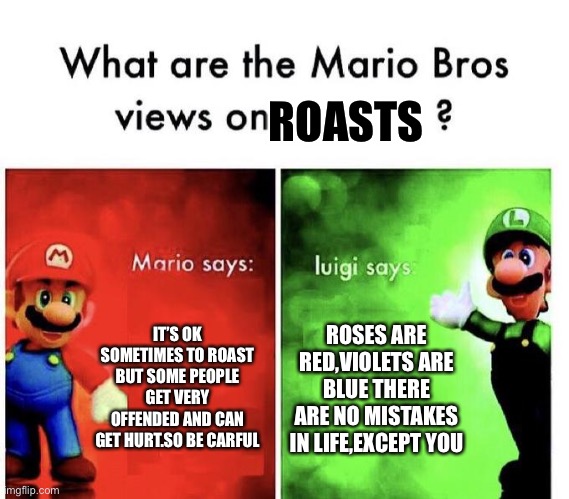 Mario Bros Views | ROASTS; IT’S OK SOMETIMES TO ROAST BUT SOME PEOPLE GET VERY OFFENDED AND CAN GET HURT.SO BE CARFUL; ROSES ARE RED,VIOLETS ARE BLUE THERE ARE NO MISTAKES IN LIFE,EXCEPT YOU | image tagged in mario bros views | made w/ Imgflip meme maker