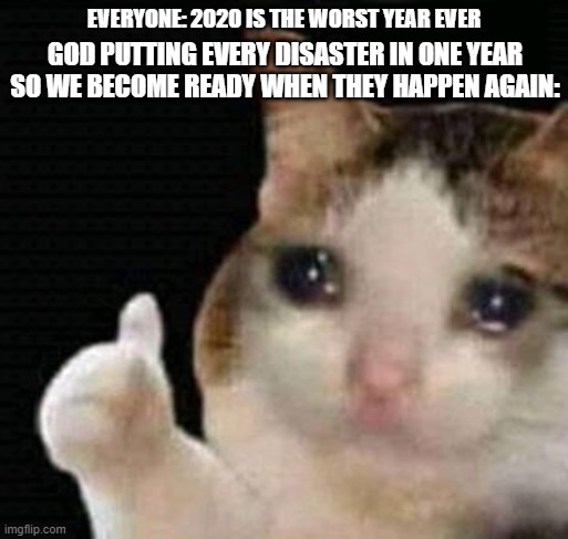 le shrug | EVERYONE: 2020 IS THE WORST YEAR EVER; GOD PUTTING EVERY DISASTER IN ONE YEAR SO WE BECOME READY WHEN THEY HAPPEN AGAIN: | image tagged in sad thumbs up cat | made w/ Imgflip meme maker