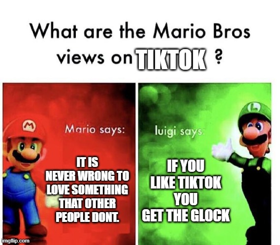 hahhahaha | TIKTOK; IT IS NEVER WRONG TO LOVE SOMETHING THAT OTHER PEOPLE DONT. IF YOU LIKE TIKTOK YOU GET THE GLOCK | image tagged in mario bros views | made w/ Imgflip meme maker