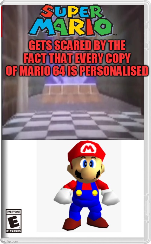 super mario gets scared by the fact that every copy of sm64 is personalised | GETS SCARED BY THE FACT THAT EVERY COPY OF MARIO 64 IS PERSONALISED | image tagged in nintendo switch,super mario 64,super mario,every copy of super mario 64 is personalised | made w/ Imgflip meme maker