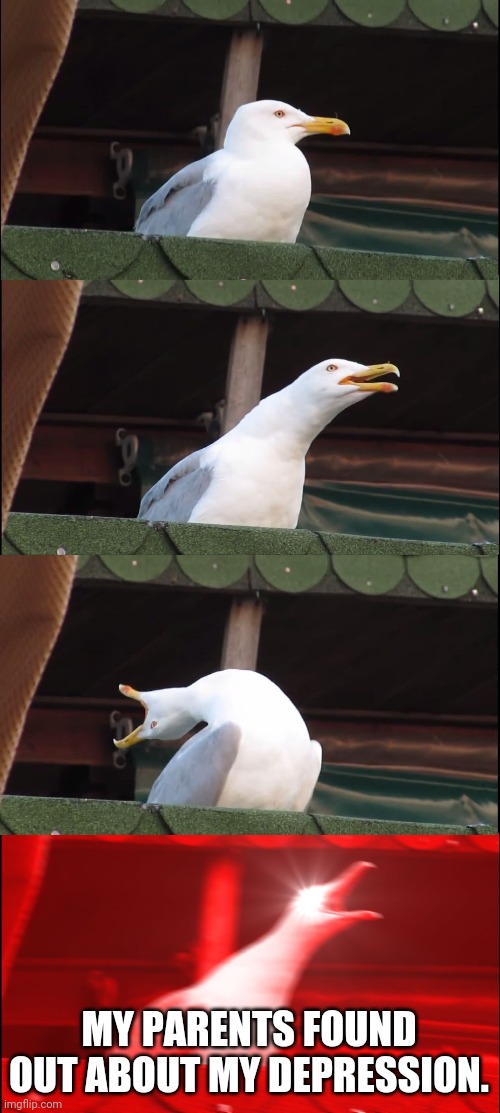 Inhaling Seagull Meme | MY PARENTS FOUND OUT ABOUT MY DEPRESSION. | image tagged in memes,inhaling seagull | made w/ Imgflip meme maker